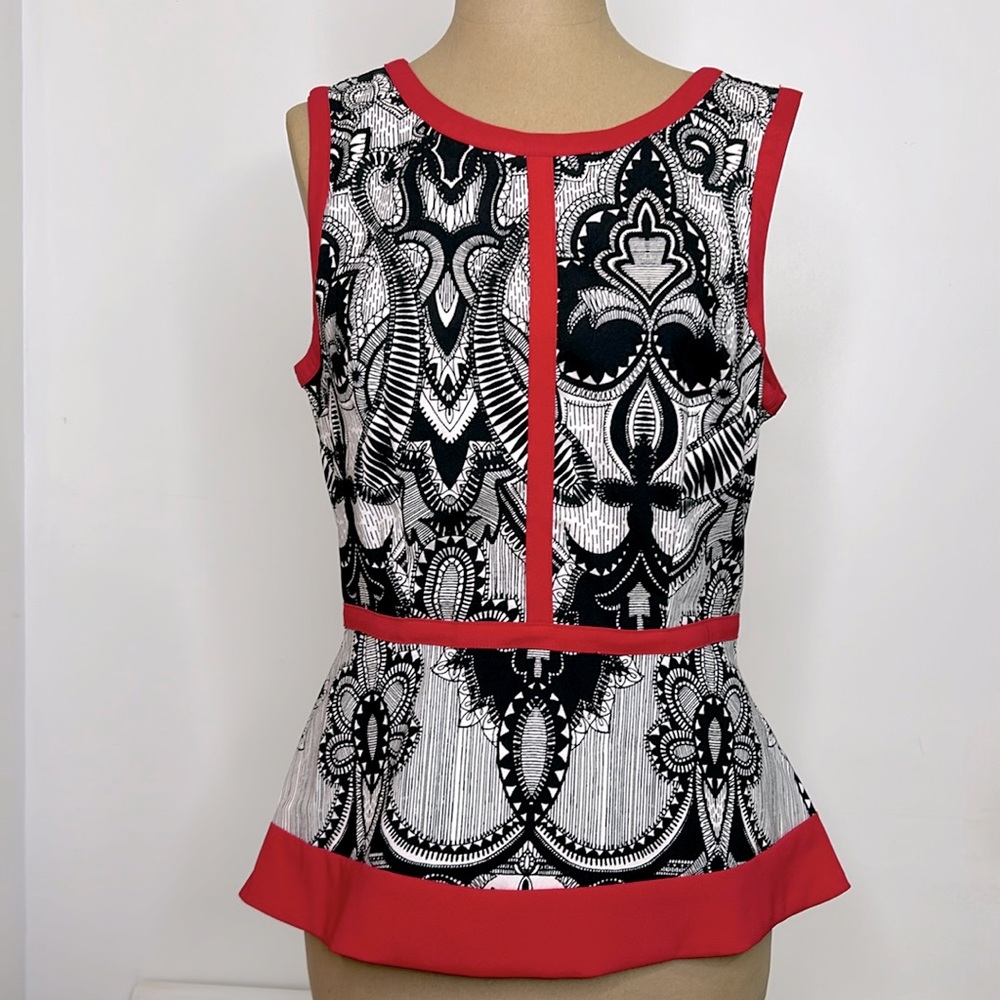 Nicole Miller ❤️ Sleeveless Red White Black Paisley Design Peplum Top